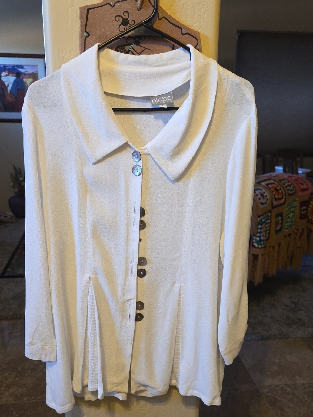 Women's Cream Button-Front Draped Collar Top